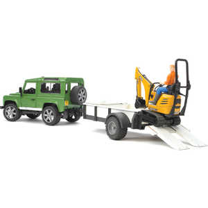 Внедорожник Bruder 1:16 Land Rover Defender c прицепом-платформой, гусеничным мини экскаватором 8010 CTS 02-593