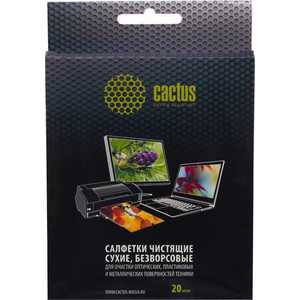 Чистящие средство Cactus CS-T1003, салфетки чистящие сухие, безворсовые для всех поверхностей, 15х13 мм, 20 шт