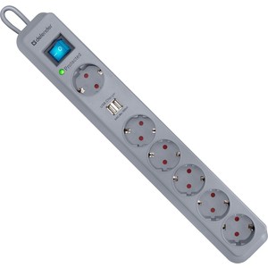 Сетевой фильтр Defender DFS 501 2м 6 розеток, grey