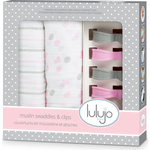 Lulujo Набор муслиновых простынок (пелёнок) (2 шт.) с клипсами (4 шт.) Розовый Pink, 120х120 см. (45602)