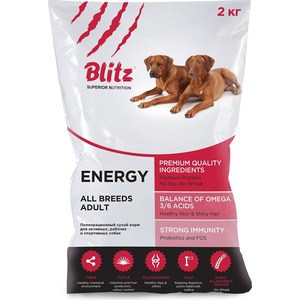 Сухой корм Blitz Petfood Superior Nutrition Adult Dog All Breeds Energy с курицей для активных, рабочих и спортивных собак всех пород 2кг acana acana yorkshire pork dog all breeds для собак всех пород и возрастов 2 кг
