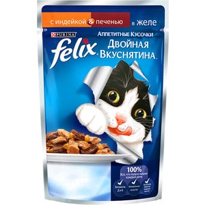 Паучи Felix Двойная вкуснятина аппетитные кусочки в желе с индейкой & печенью для кошек 85г (122