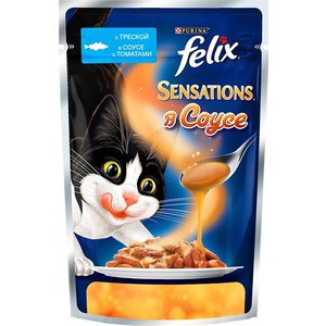 Паучи Felix Sensations кусочки с треской в соусе с томатами для кошек 85г (12318966)
