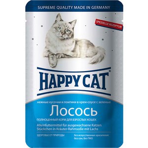 Паучи Happy Cat Лосось нежные кусочки и ломтики в крем-соусе с зеленью для взрослых кошек 100г (1002