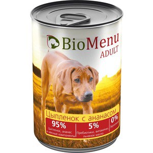 Консервы BioMenu Adult Цыпленок с ананасом 95% цыпленок, ананас и мясные компоненты для собак 410г