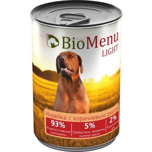 Консервы BioMenu Light Индейка с коричневым рисом 93% индейка и мясные компоненты для собак 410г