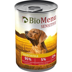 Консервы BioMenu Sensitive Перепелка 95% перепелка и мясные компоненты для собак 410г