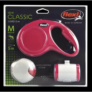 Набор Flexi рулетка NEW Classic М трос 5 м + LED фонарик + Multi-box красный для собак до 20кг